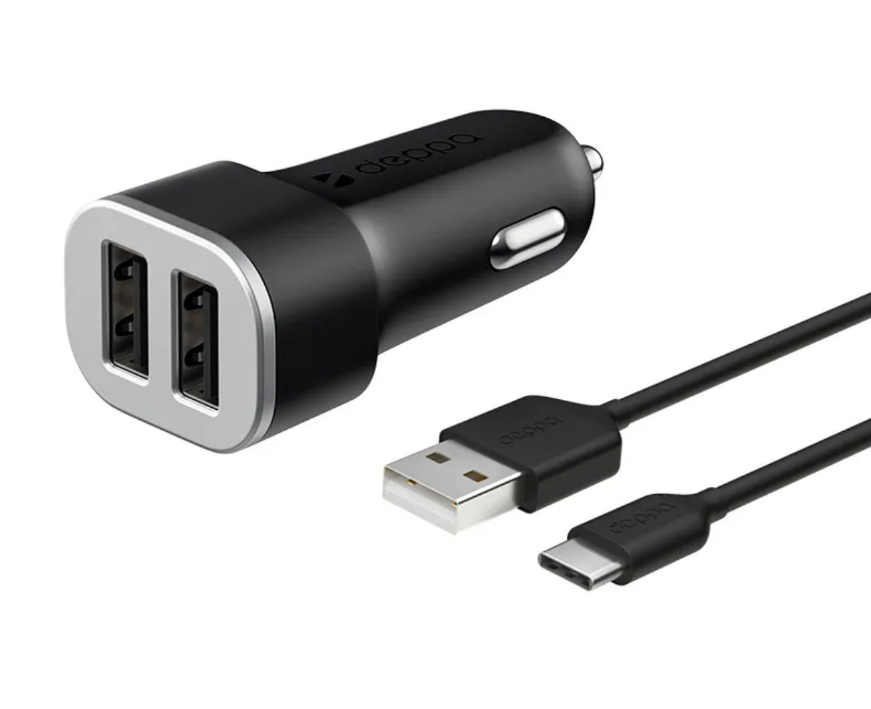 Автомобильное зарядное устройство Deppa 12W (2xUSB-A) + кабель USB-A - USB-C (1 м) черный
